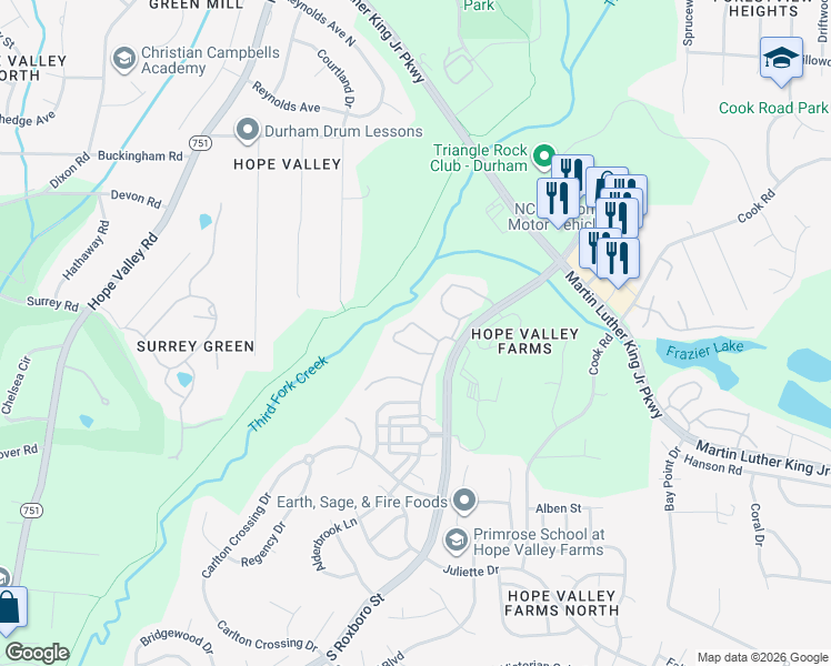 map of restaurants, bars, coffee shops, grocery stores, and more near 129 Cedar Elm Road in Durham