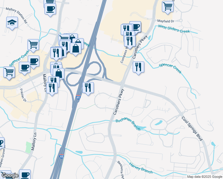 map of restaurants, bars, coffee shops, grocery stores, and more near 800 Crescent Centre Drive in Franklin