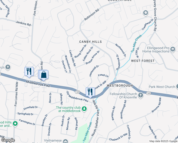 map of restaurants, bars, coffee shops, grocery stores, and more near 8301 Hunterhill Drive in Knoxville