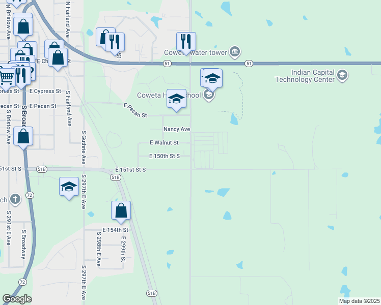 map of restaurants, bars, coffee shops, grocery stores, and more near 14974 South 305th East Avenue in Coweta