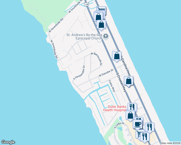 map of restaurants, bars, coffee shops, grocery stores, and more near 4329 West Baracuda Road in Nags Head