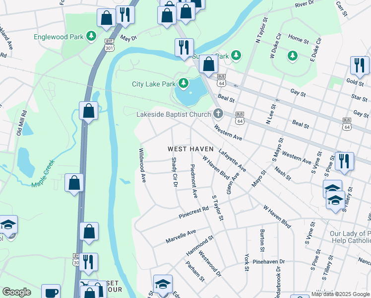 map of restaurants, bars, coffee shops, grocery stores, and more near 300 Piedmont Avenue in Rocky Mount