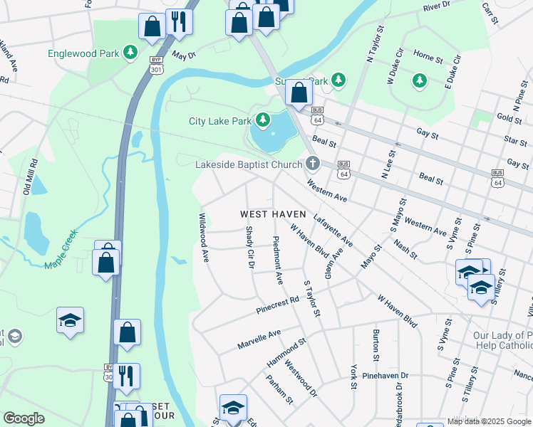 map of restaurants, bars, coffee shops, grocery stores, and more near 300 Piedmont Avenue in Rocky Mount
