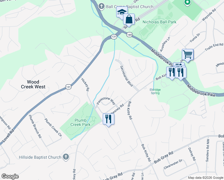 map of restaurants, bars, coffee shops, grocery stores, and more near 9901 Oakledge Way in Knoxville