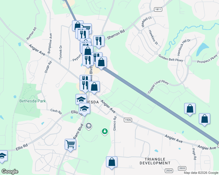 map of restaurants, bars, coffee shops, grocery stores, and more near 1924 Bailey Street in Durham