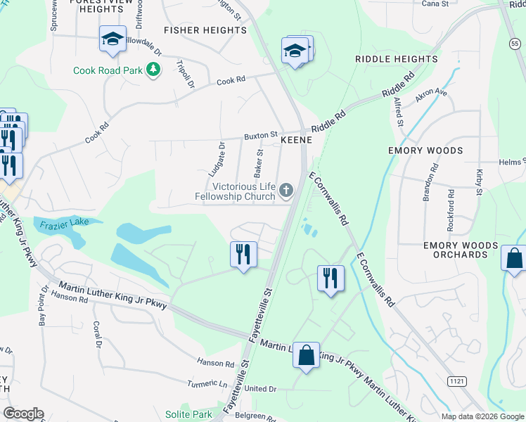 map of restaurants, bars, coffee shops, grocery stores, and more near 910 Larchwood Drive in Durham