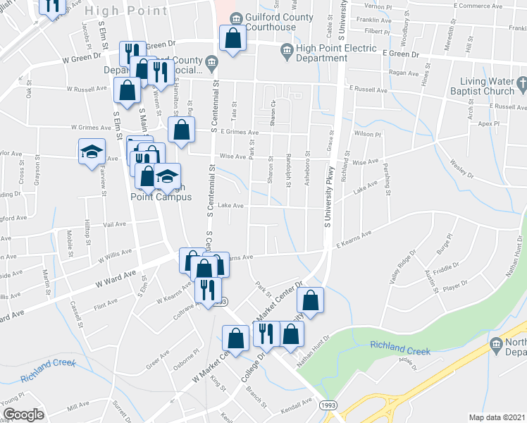 map of restaurants, bars, coffee shops, grocery stores, and more near 512 Lake Avenue in High Point
