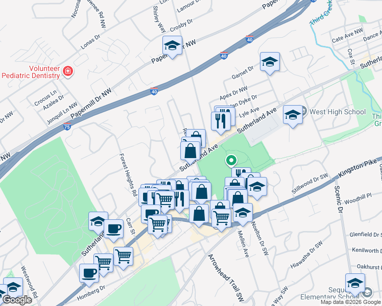 map of restaurants, bars, coffee shops, grocery stores, and more near 510 Renford Road in Knoxville