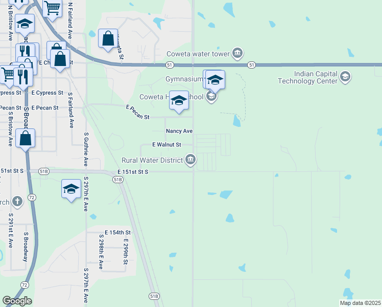 map of restaurants, bars, coffee shops, grocery stores, and more near 30465 East 150th Street South in Coweta