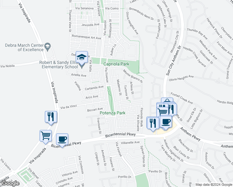 map of restaurants, bars, coffee shops, grocery stores, and more near 2178 Trivero Street in Henderson