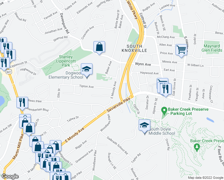 map of restaurants, bars, coffee shops, grocery stores, and more near 975 East Moody Avenue in Knoxville