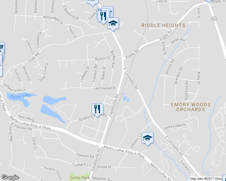 map of restaurants, bars, coffee shops, grocery stores, and more near 1004 Larchwood Drive in Durham