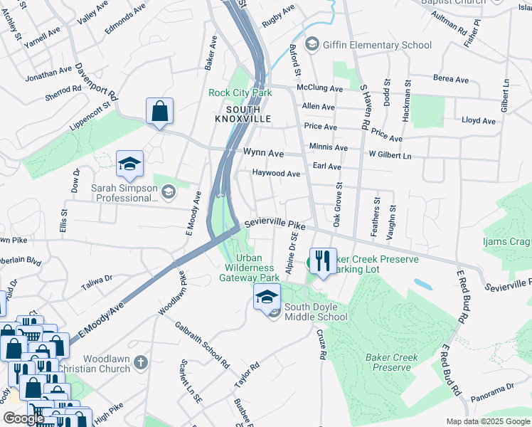 map of restaurants, bars, coffee shops, grocery stores, and more near 3510 Sevierville Pike in Knoxville