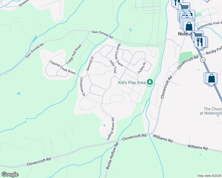 map of restaurants, bars, coffee shops, grocery stores, and more near 5036 Falling Water Road in Nolensville