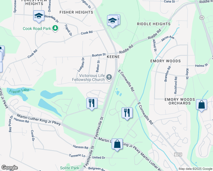 map of restaurants, bars, coffee shops, grocery stores, and more near 1004 Larchwood Drive in Durham