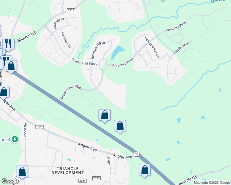 map of restaurants, bars, coffee shops, grocery stores, and more near 2015 Copper Leaf Parkway in Durham