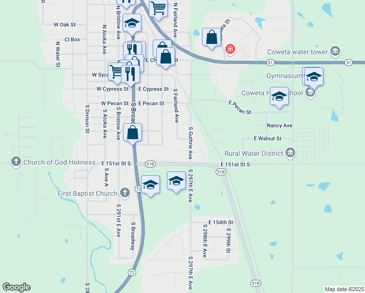 map of restaurants, bars, coffee shops, grocery stores, and more near 528 S Guthrie Ave in Coweta