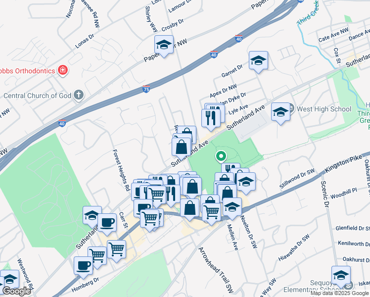 map of restaurants, bars, coffee shops, grocery stores, and more near 510 Renford Road in Knoxville