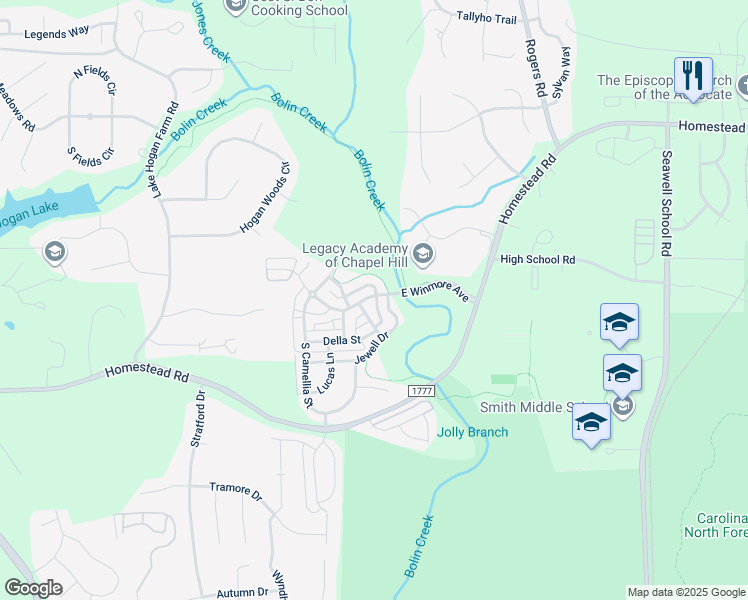 map of restaurants, bars, coffee shops, grocery stores, and more near 412 East Winmore Avenue in Chapel Hill