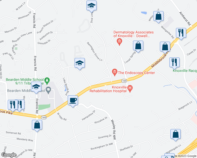 map of restaurants, bars, coffee shops, grocery stores, and more near 6801 Middlebrook Pike in Knoxville