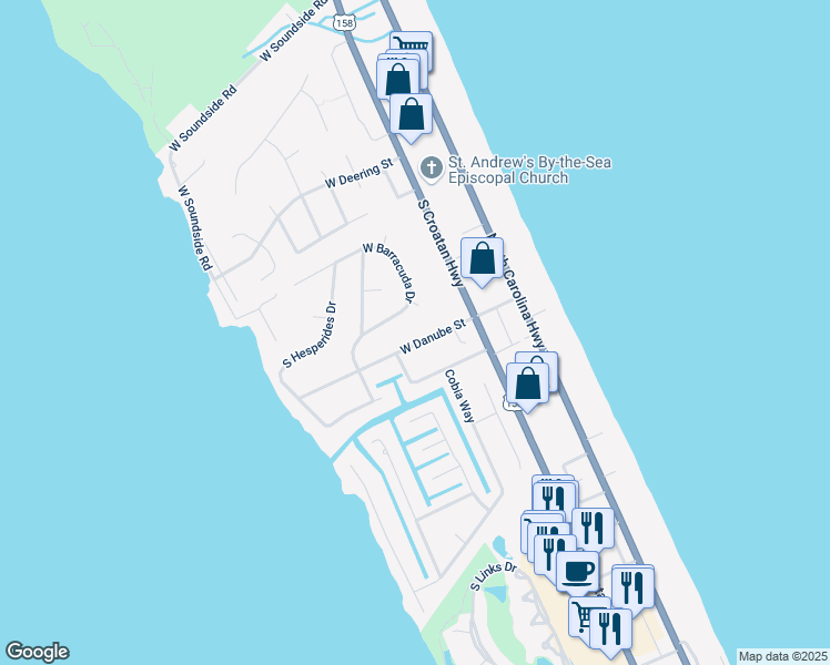 map of restaurants, bars, coffee shops, grocery stores, and more near 126 West Danube Street in Nags Head
