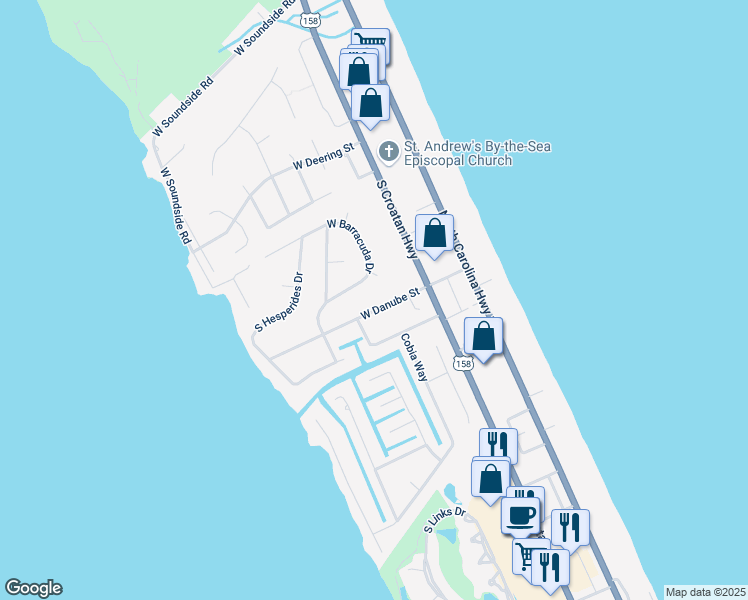 map of restaurants, bars, coffee shops, grocery stores, and more near 126 West Danube Street in Nags Head