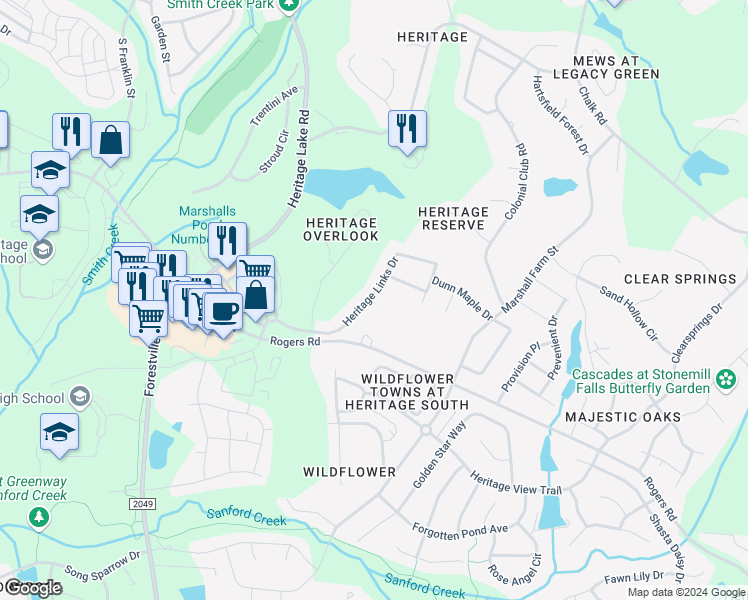 map of restaurants, bars, coffee shops, grocery stores, and more near 1424 Heritage Links Drive in Wake Forest