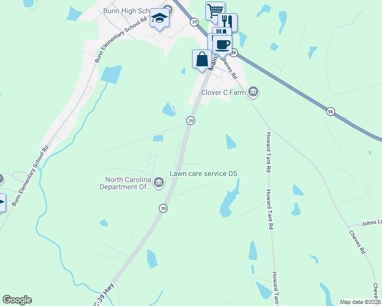 map of restaurants, bars, coffee shops, grocery stores, and more near 5921 North Carolina 39 in Bunn