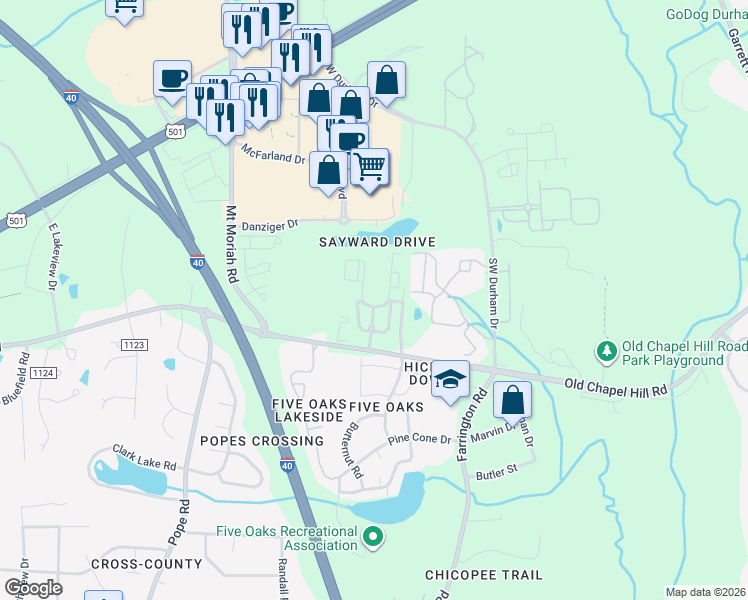 map of restaurants, bars, coffee shops, grocery stores, and more near 5110 Old Chapel Hill Road in Durham