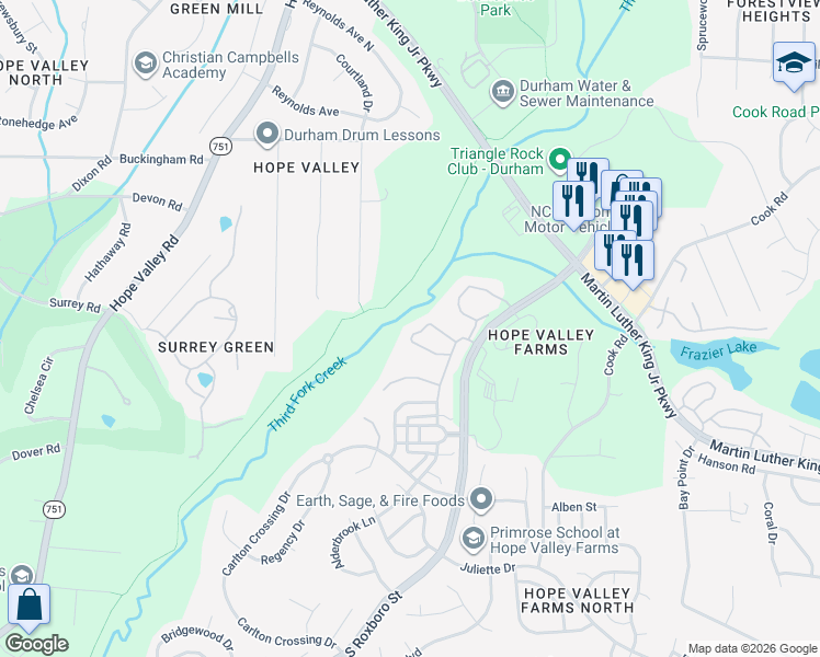map of restaurants, bars, coffee shops, grocery stores, and more near 160 Cedar Elm Road in Durham