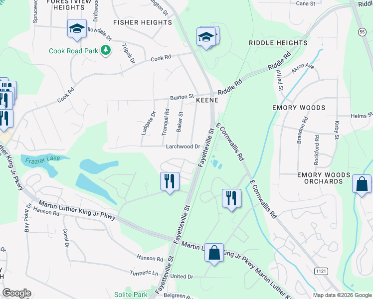 map of restaurants, bars, coffee shops, grocery stores, and more near 910 Larchwood Drive in Durham