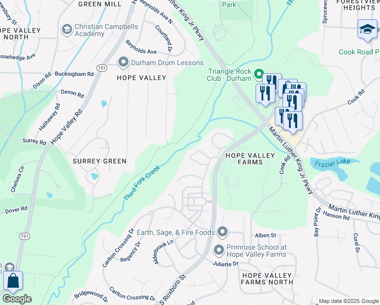 map of restaurants, bars, coffee shops, grocery stores, and more near 170 Cedar Elm Road in Durham