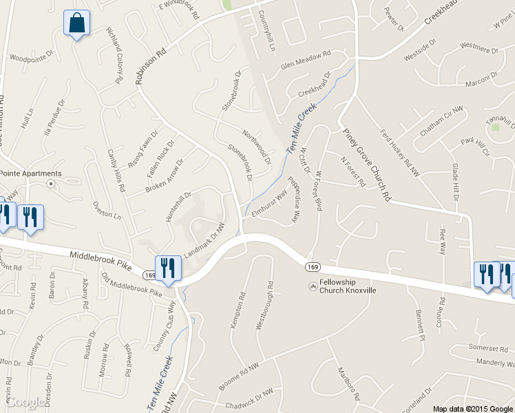 map of restaurants, bars, coffee shops, grocery stores, and more near 1823 Elmhurst Way in Knoxville