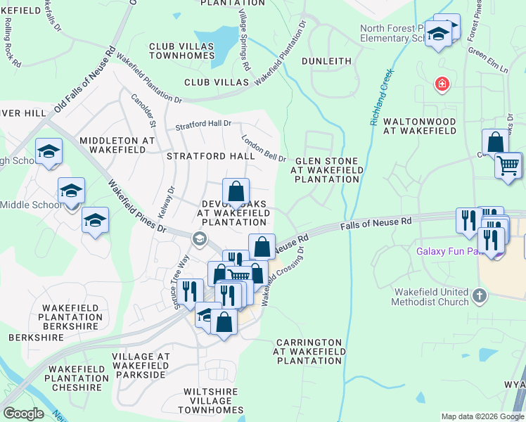 map of restaurants, bars, coffee shops, grocery stores, and more near 12400 Dunard Street in Raleigh