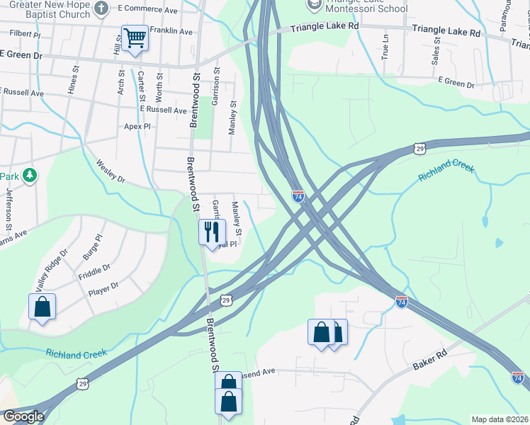 map of restaurants, bars, coffee shops, grocery stores, and more near 1602 Mossbrook Circle in High Point