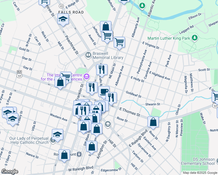 map of restaurants, bars, coffee shops, grocery stores, and more near 109 Goldleaf Street in Rocky Mount