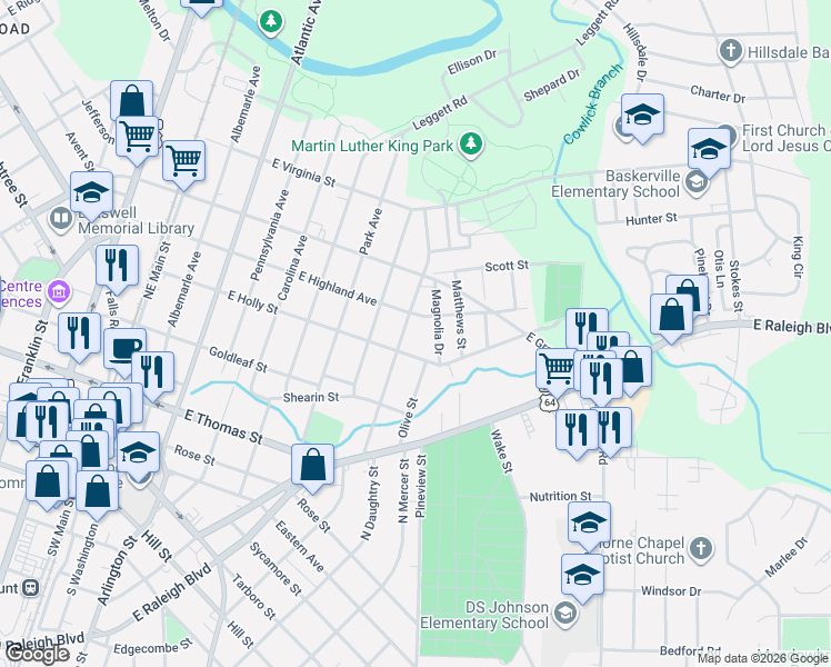 map of restaurants, bars, coffee shops, grocery stores, and more near 913 East Highland Avenue in Rocky Mount
