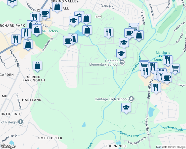 map of restaurants, bars, coffee shops, grocery stores, and more near 3212 Star Gazing Court in Wake Forest