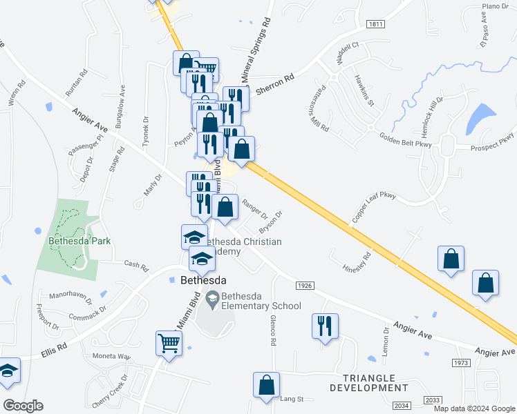 map of restaurants, bars, coffee shops, grocery stores, and more near 3101 Ranger Drive in Durham