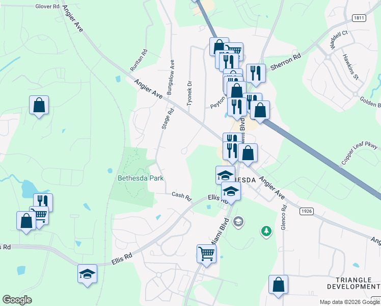 map of restaurants, bars, coffee shops, grocery stores, and more near 1721 Marly Drive in Durham