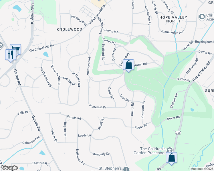 map of restaurants, bars, coffee shops, grocery stores, and more near 3807 Churchill Circle in Durham