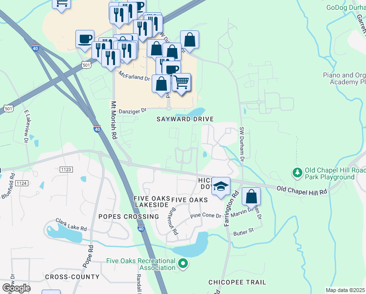 map of restaurants, bars, coffee shops, grocery stores, and more near 5110 Old Chapel Hill Road in Durham