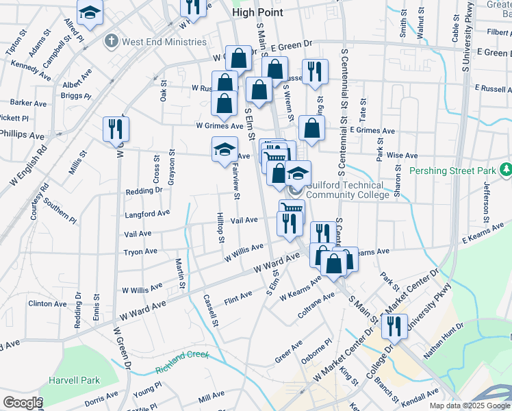 map of restaurants, bars, coffee shops, grocery stores, and more near 638 South Elm Street in High Point
