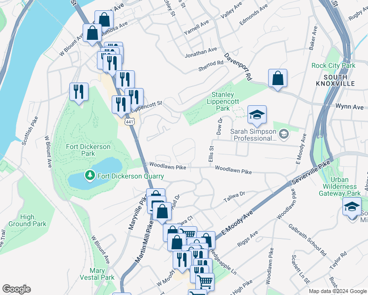 map of restaurants, bars, coffee shops, grocery stores, and more near 301 Woodlawn Pike in Knoxville