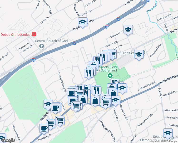 map of restaurants, bars, coffee shops, grocery stores, and more near 515 Renford Road in Knoxville