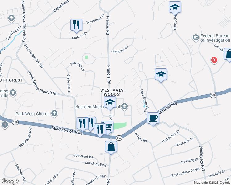 map of restaurants, bars, coffee shops, grocery stores, and more near 7104 Westavia Drive Northwest in Knoxville