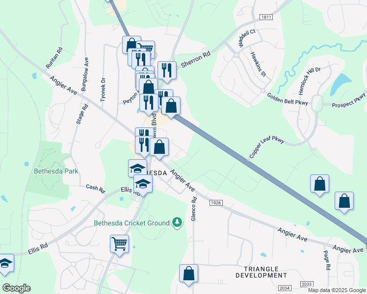 map of restaurants, bars, coffee shops, grocery stores, and more near 3101 Ranger Drive in Durham