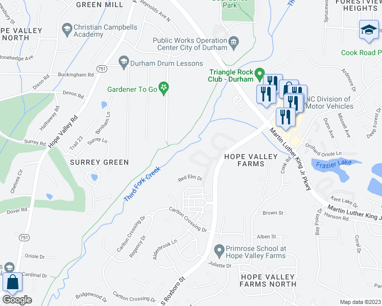 map of restaurants, bars, coffee shops, grocery stores, and more near 168 Cedar Elm Road in Durham