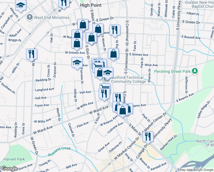 map of restaurants, bars, coffee shops, grocery stores, and more near 901 South Main Street in High Point