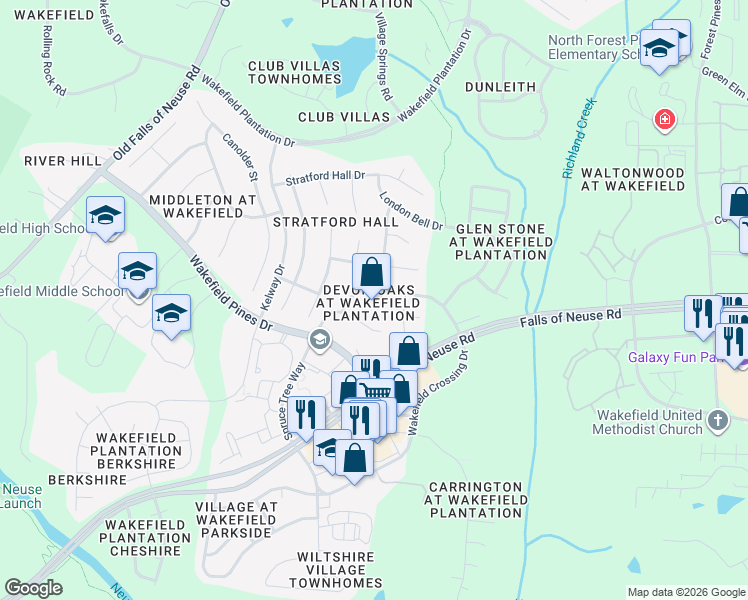 map of restaurants, bars, coffee shops, grocery stores, and more near 12213 Kaysmount Court in Raleigh